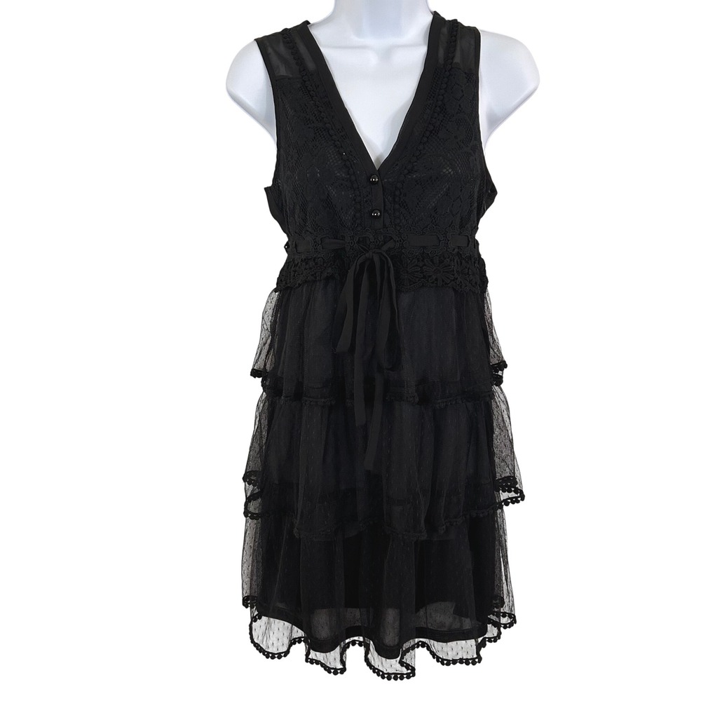 Ya Black Lace‎ Tulle Tiered Mini Dress Sleeveless V-Neck Pom Pom Trim Sz M Party